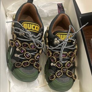 Authentic Gucci Green and Black Sneakers with Purple Accents